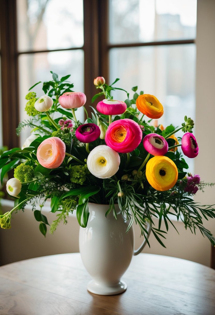 A vibrant bouquet of Butterfly Ranunculus flowers, mixed with greenery, arranged in a white vase on a wooden table