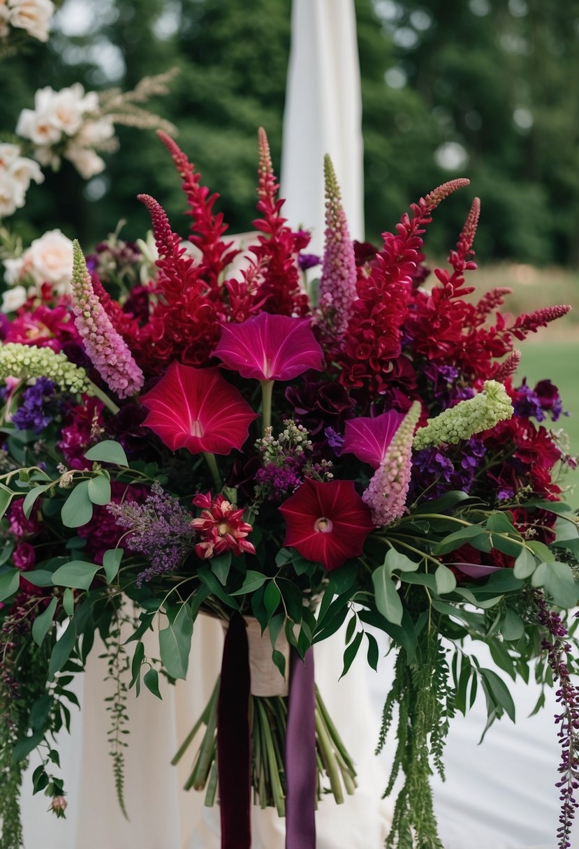 A vibrant bouquet of amaranthus, in shades of deep red and purple, arranged with cascading greenery and delicate blooms for a dramatic June wedding