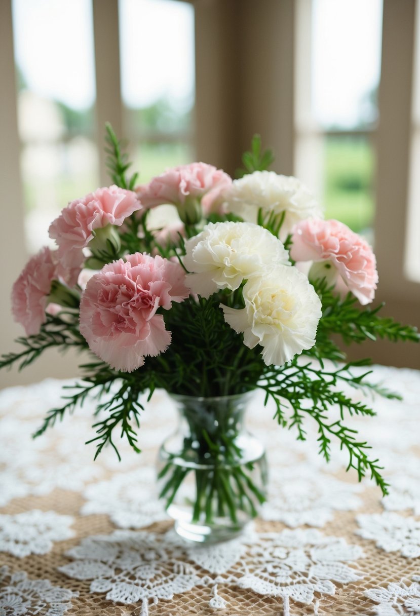 A delicate bouquet of pink and white carnations, accented with greenery, sits in a glass vase on a lace-covered table