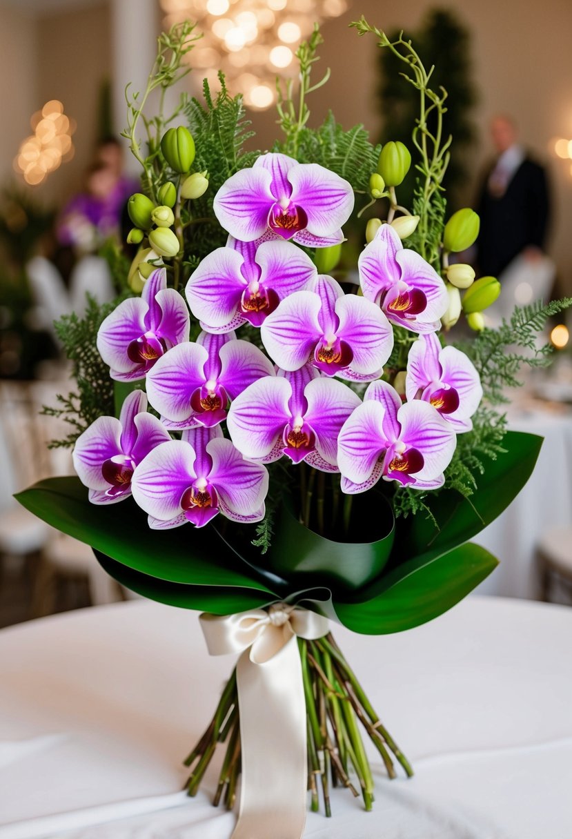 A lush bouquet of vibrant Cymbidium Orchids, accented with delicate greenery and tied with a satin ribbon