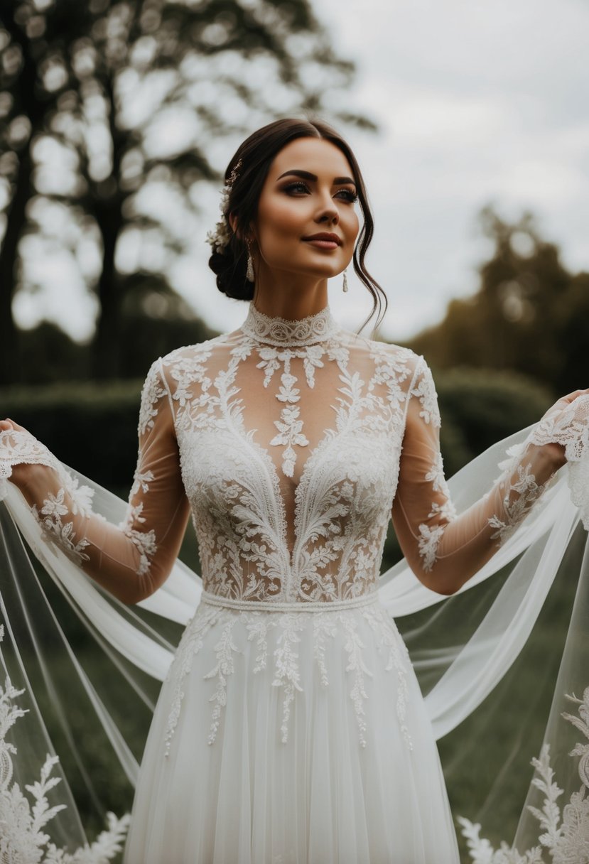 A bride stands in a high neck wedding dress, surrounded by delicate lace, elegant embroidery, and flowing fabric