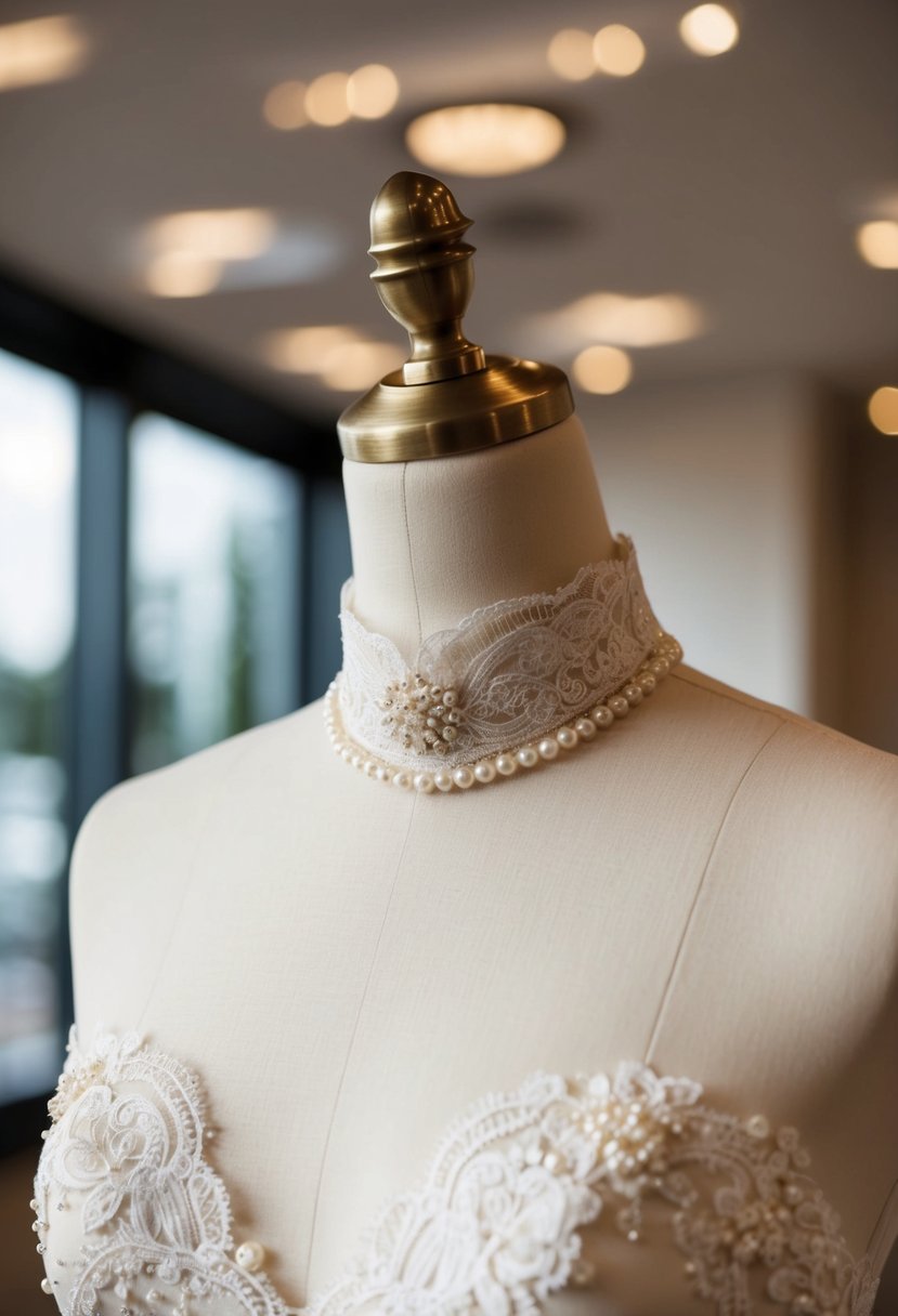 A mannequin adorned in a high neck wedding dress, featuring delicate lace and pearl details