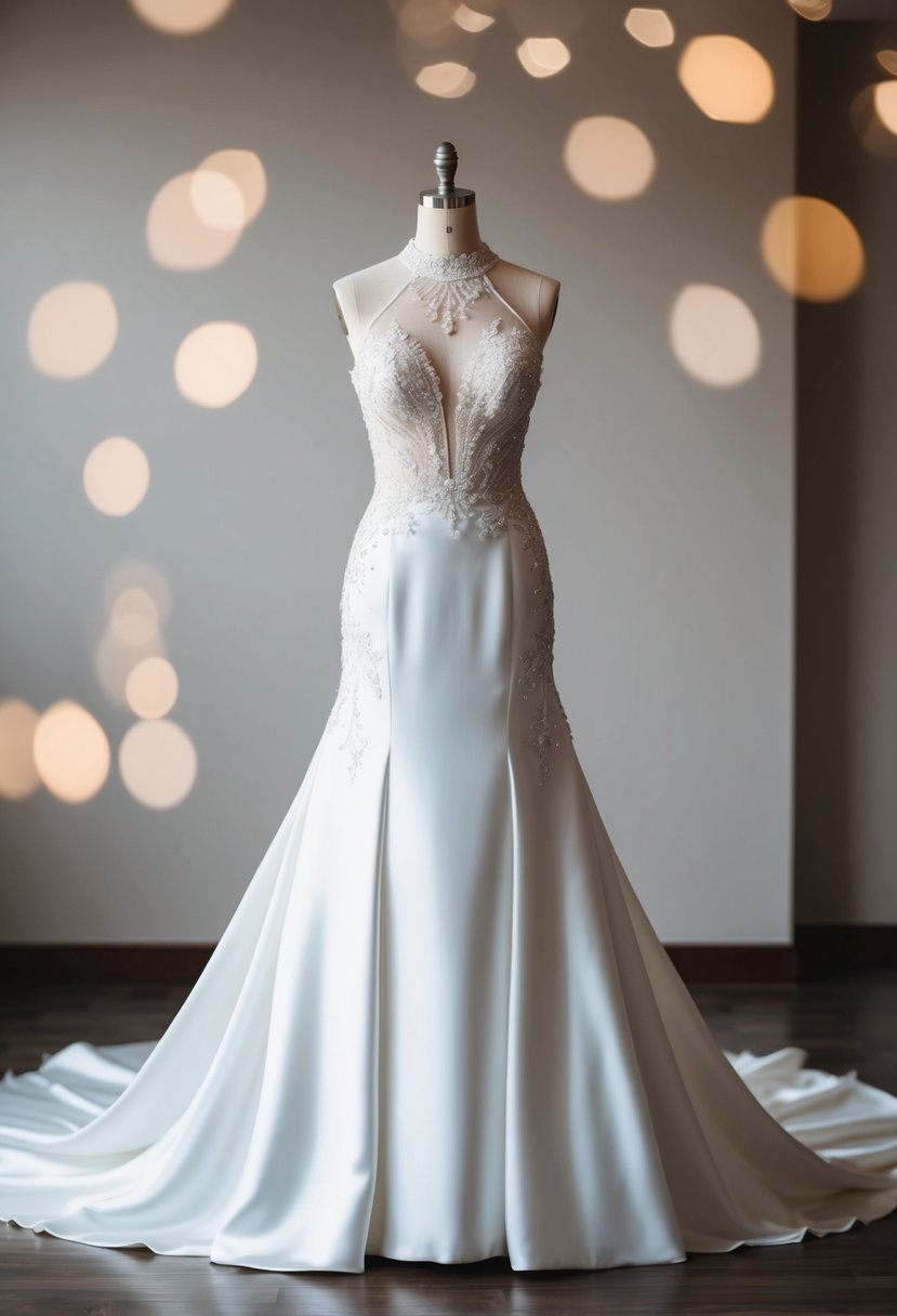 A high-neck wedding dress in elegant satin and sheer illusions, adorned with delicate lace and intricate beading, flowing gracefully to the floor