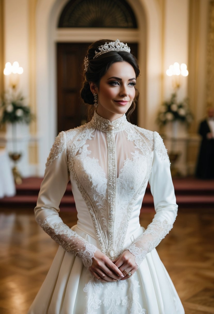 A bride stands in a grand ballroom, wearing a Victorian-inspired high neckline wedding dress, adorned with intricate lace and delicate beading