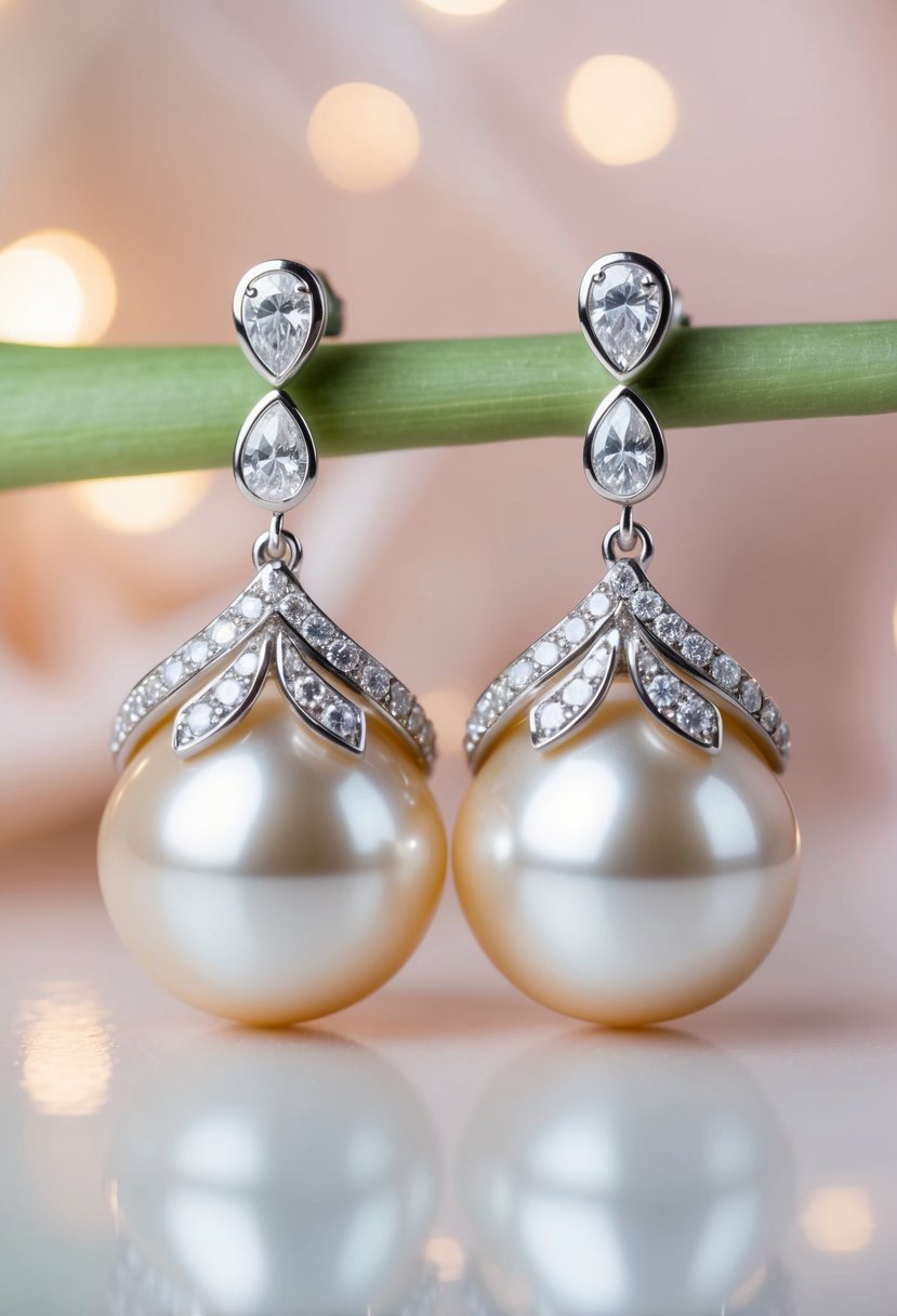 A pair of elegant wedding earrings featuring lustrous pearls and sparkling diamonds, set against a soft, romantic background