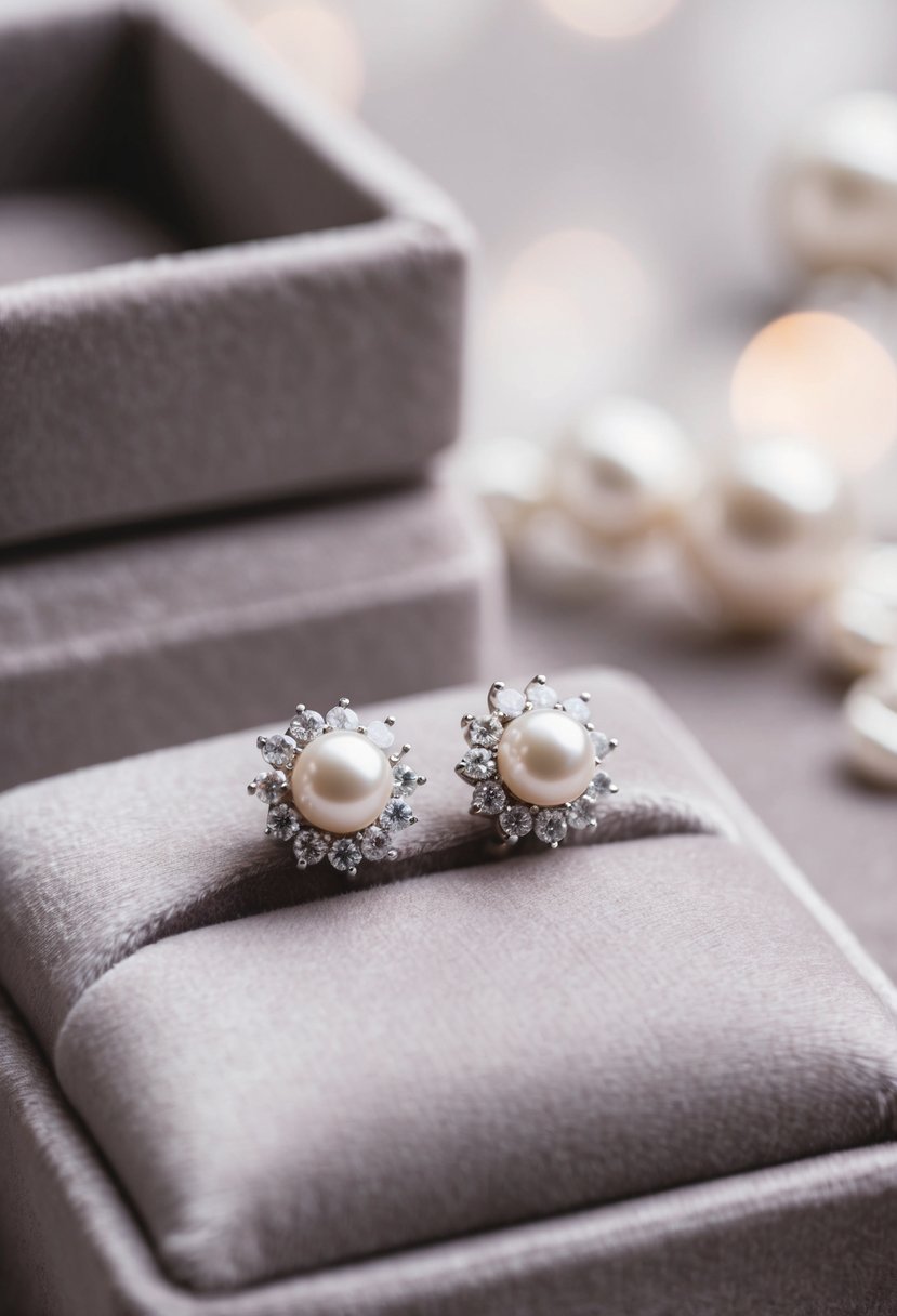 A pair of dainty pearl and diamond studs, delicate and elegant, resting on a velvet cushion