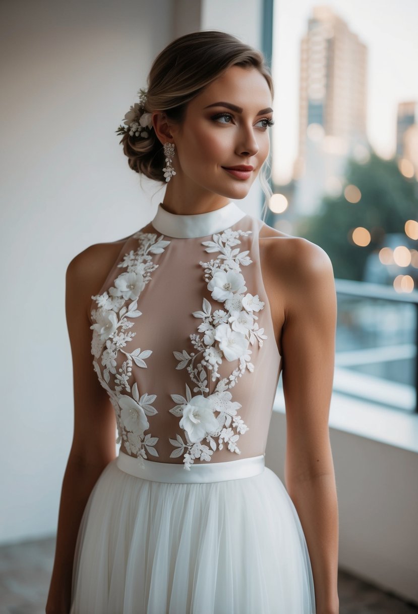 A modern high-neck wedding dress with delicate floral appliqué cascading down the bodice and onto the skirt