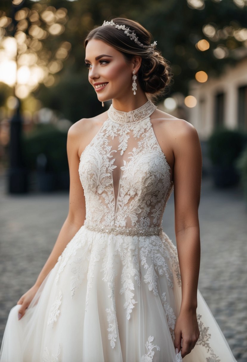 A lace halter wedding dress with a high neckline, adorned with intricate floral designs and delicate beading, flowing gracefully to the floor