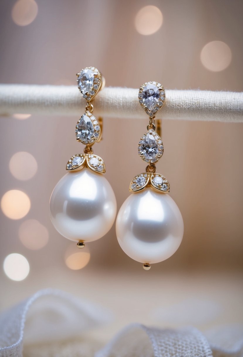 A pair of vintage pearl drop earrings adorned with shimmering diamonds, set against a soft, romantic backdrop