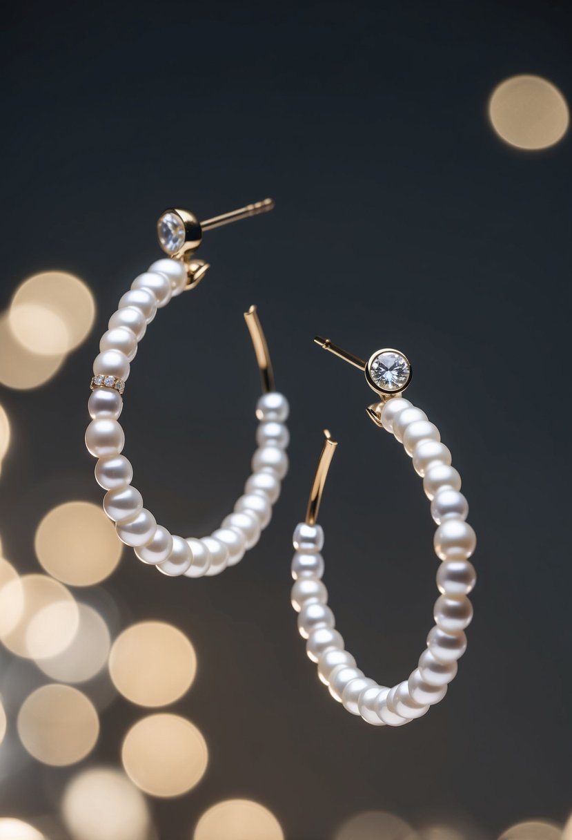 A pair of modern pearl and diamond hoops suspended in mid-air, casting a soft glow against a dark background