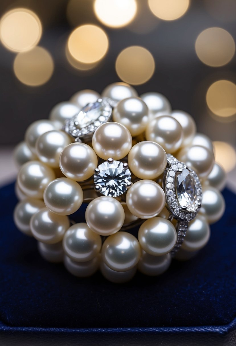 A close-up of a cluster of lustrous pearls accented with sparkling diamonds, set against a dark velvet background