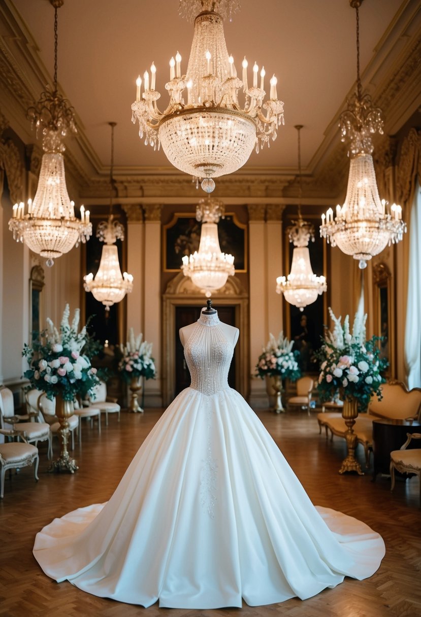 A grand ballroom with ornate chandeliers, vintage-inspired high neck ball gown displayed on a mannequin, surrounded by antique furniture and floral arrangements