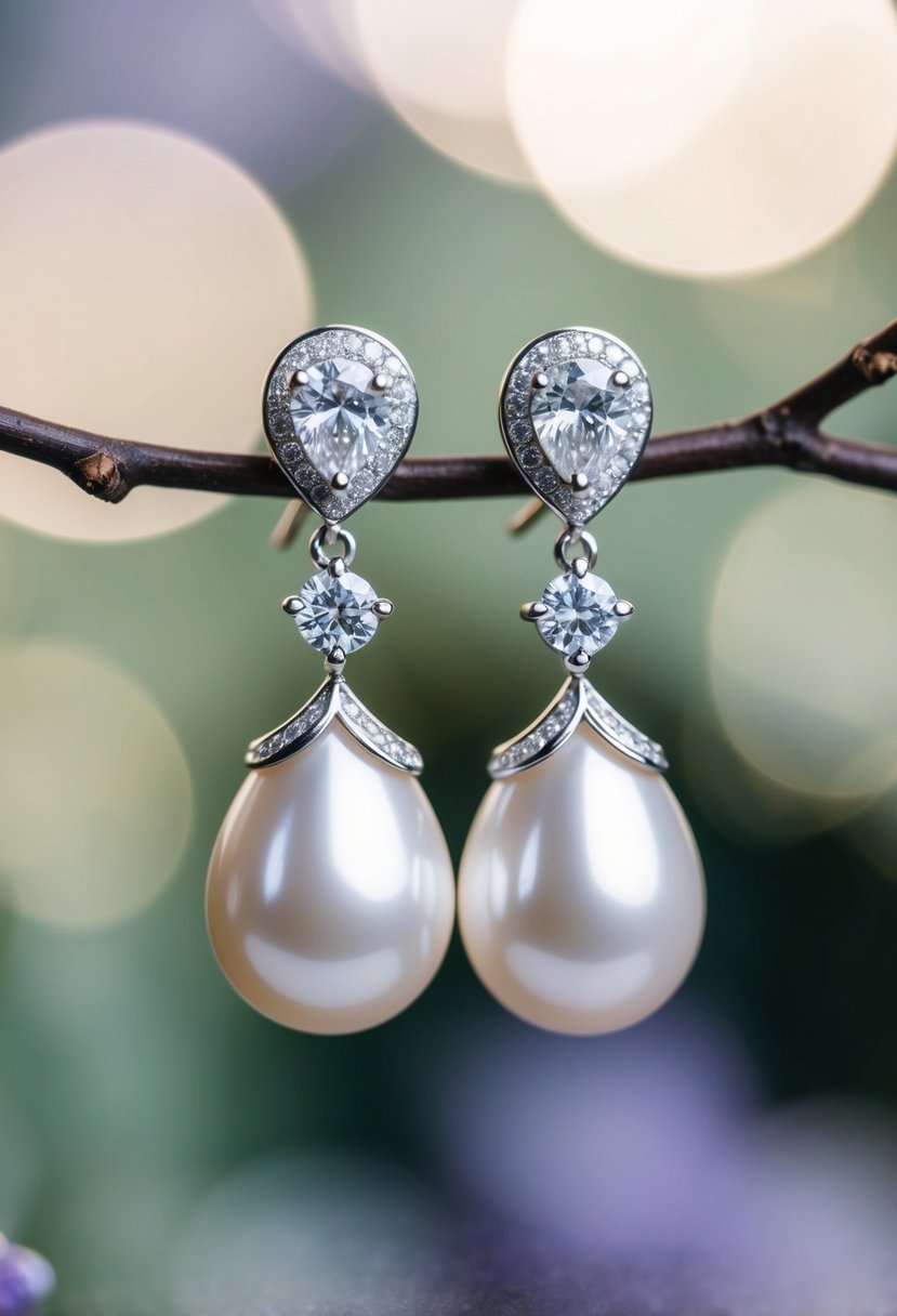 A pair of teardrop pearl and diamond wedding earrings, with intricate details and a sense of elegance