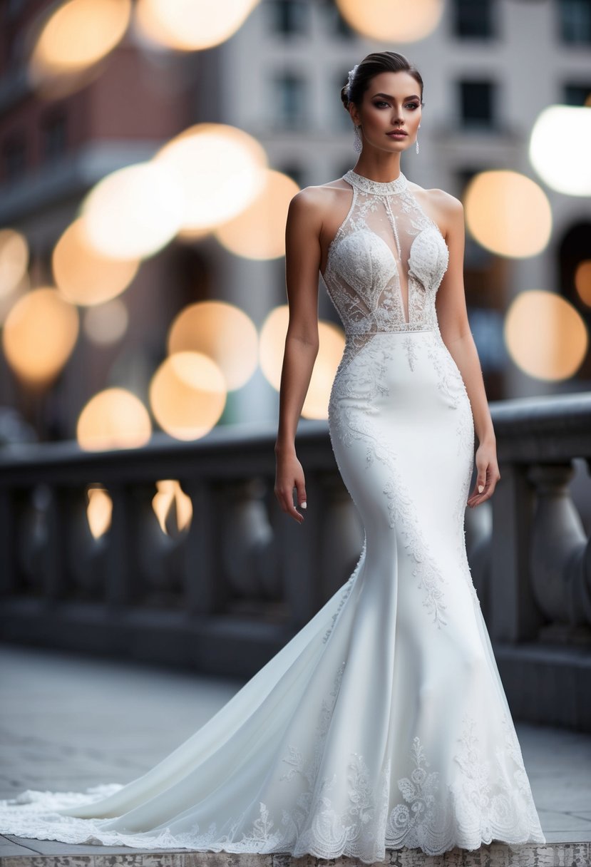 A sleek, form-fitting wedding gown with a high neckline and a dramatic mermaid silhouette, adorned with intricate lace and delicate beading