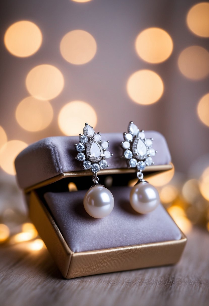 A pair of elegant pearl and diamond wedding earrings displayed on a velvet cushion under soft, warm lighting