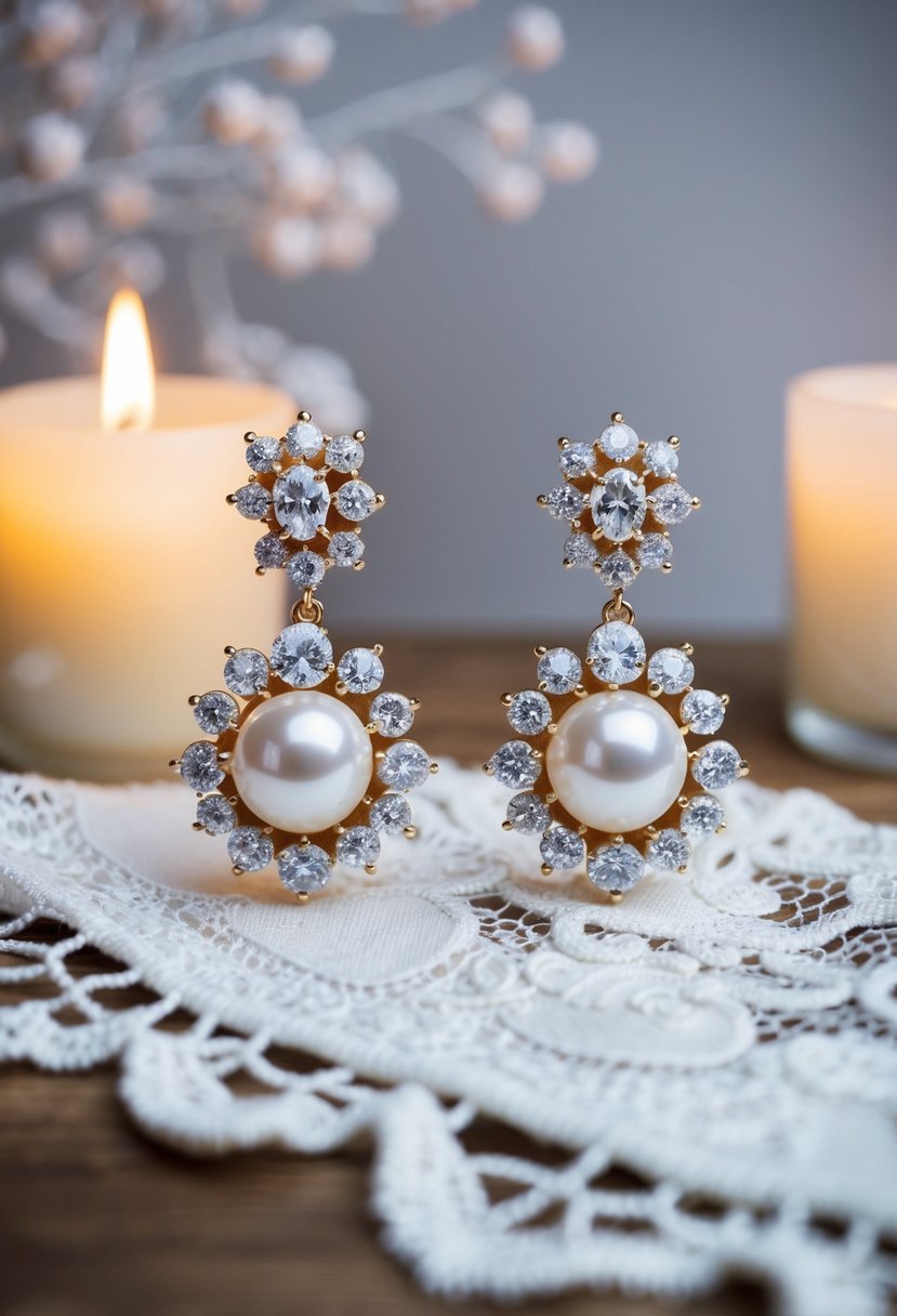 A pair of baroque pearl statement earrings adorned with sparkling diamonds, set against a backdrop of delicate lace and soft candlelight