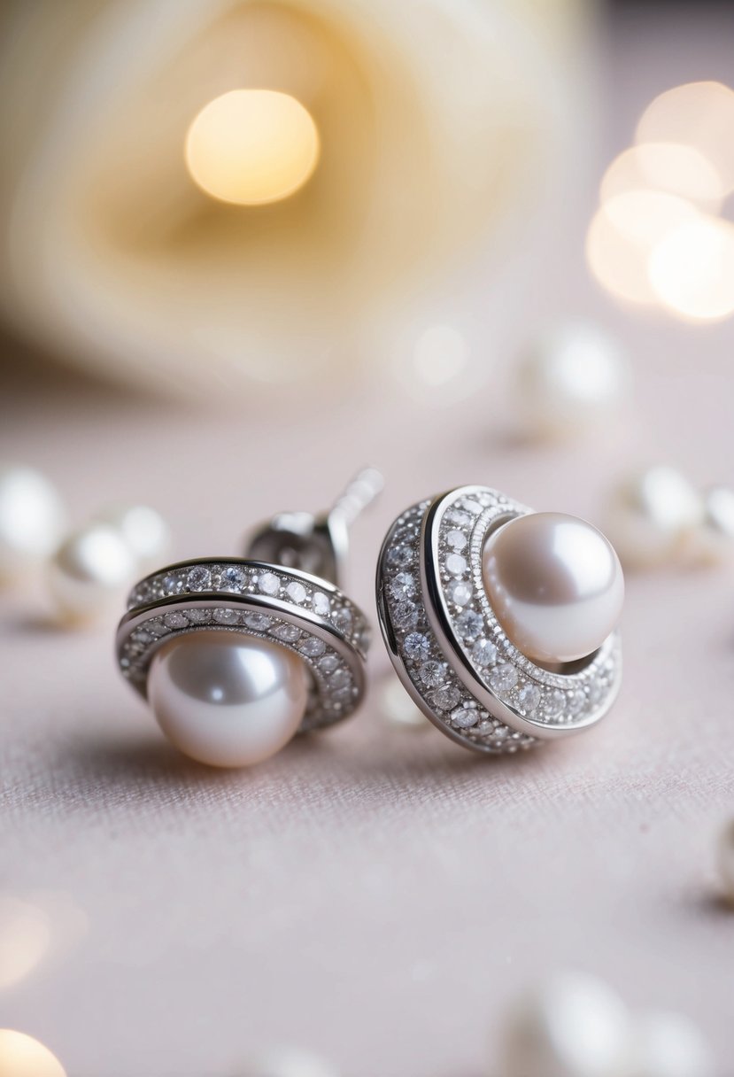 A close-up of pearl and diamond huggie earrings, with intricate details and elegant design, set against a soft, romantic background