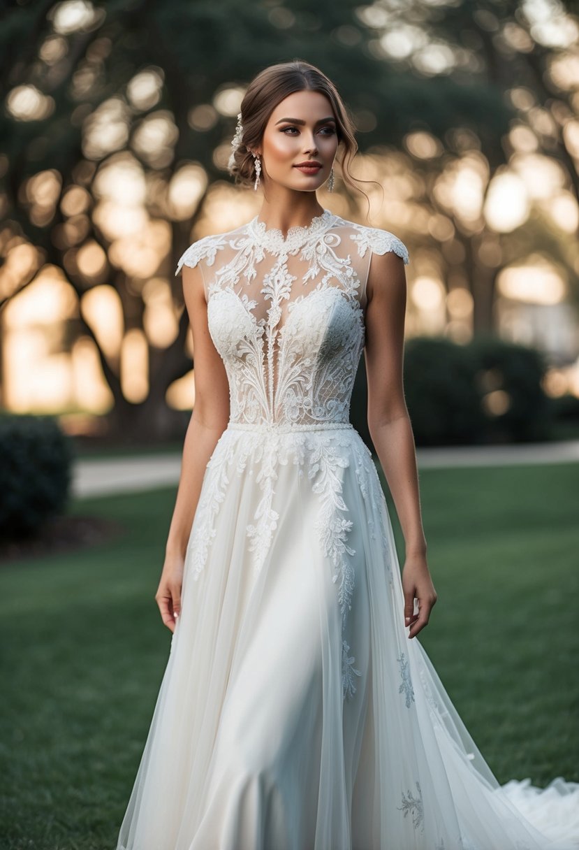 A flowing A-line wedding dress with intricate lace and tulle details cascading down the high neckline