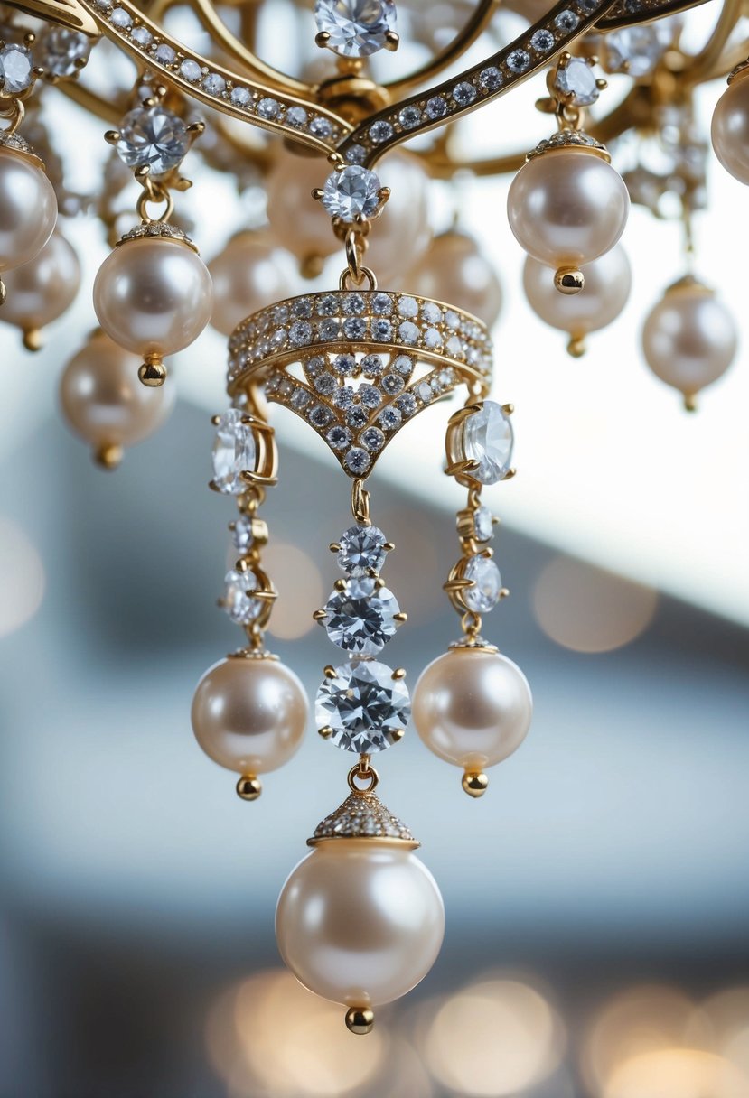 A sparkling chandelier earring with pearls and diamonds, elegant and luxurious