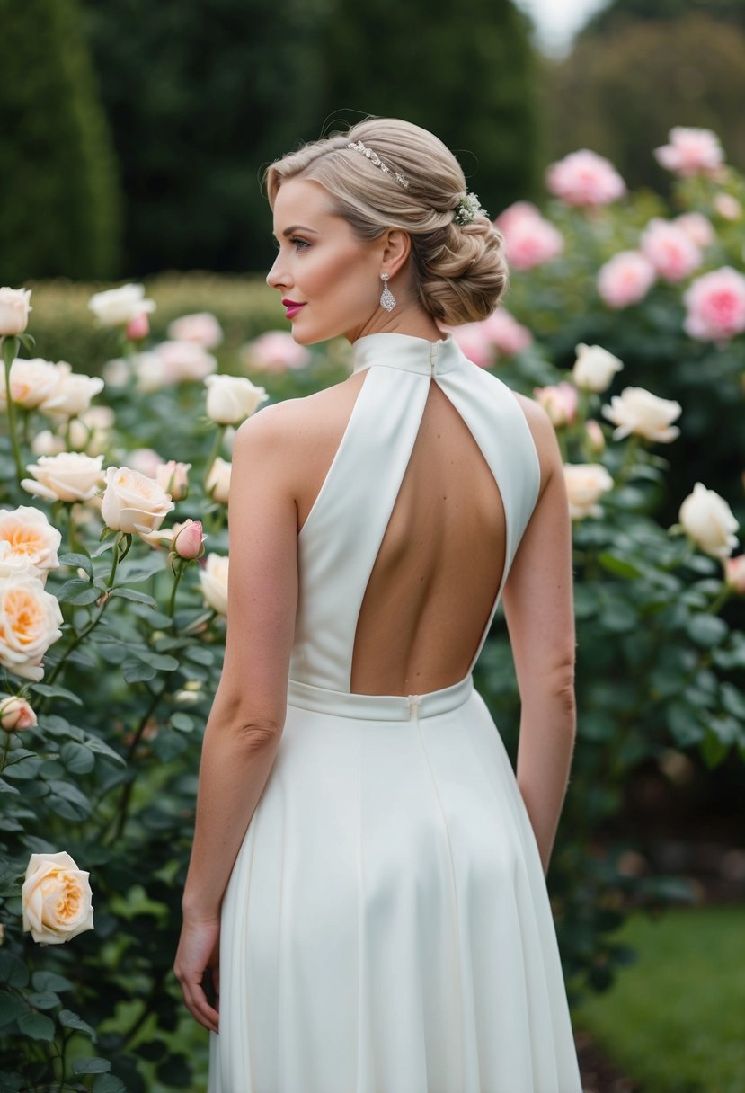 A bride stands in a high neck wedding dress with an open back, surrounded by blooming roses in a garden