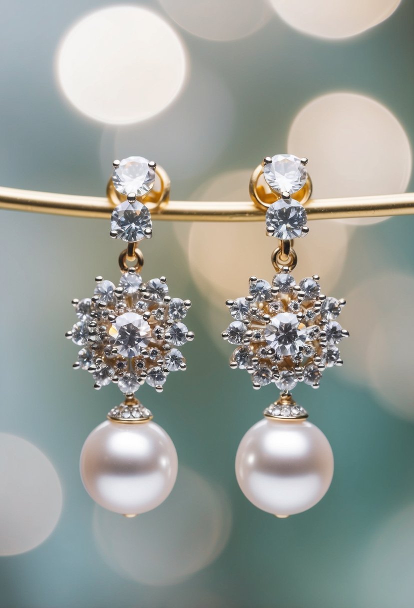 A pair of elegant wedding earrings featuring Swarovski crystals and pearls, accented with delicate diamonds