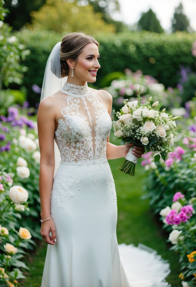 A bride stands in a garden, wearing a high neck wedding dress with intricate Chantilly lace detailing, surrounded by blooming flowers and lush greenery