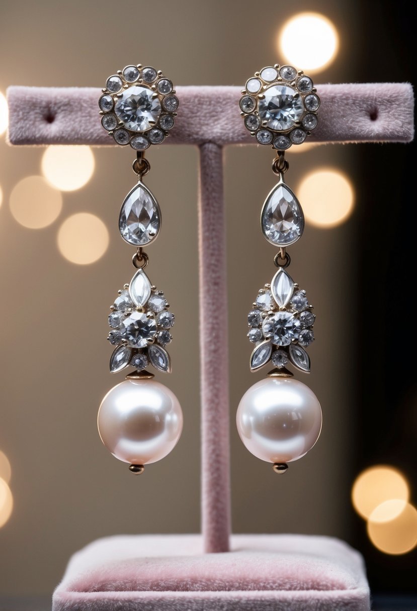 A pair of elegant Victorian pearl and diamond dangler earrings displayed on a velvet cushion with soft lighting highlighting their intricate details