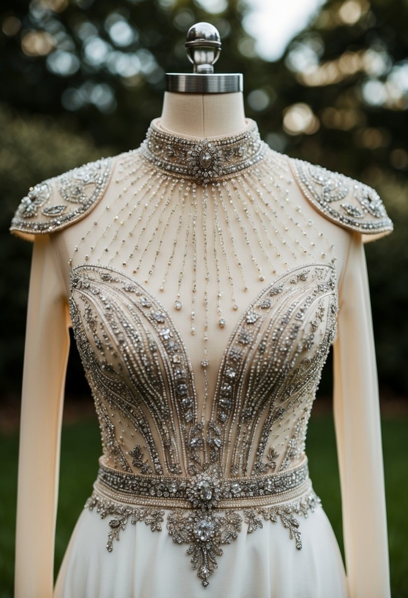 A high-neck wedding dress adorned with intricate beading, exuding sophistication and elegance