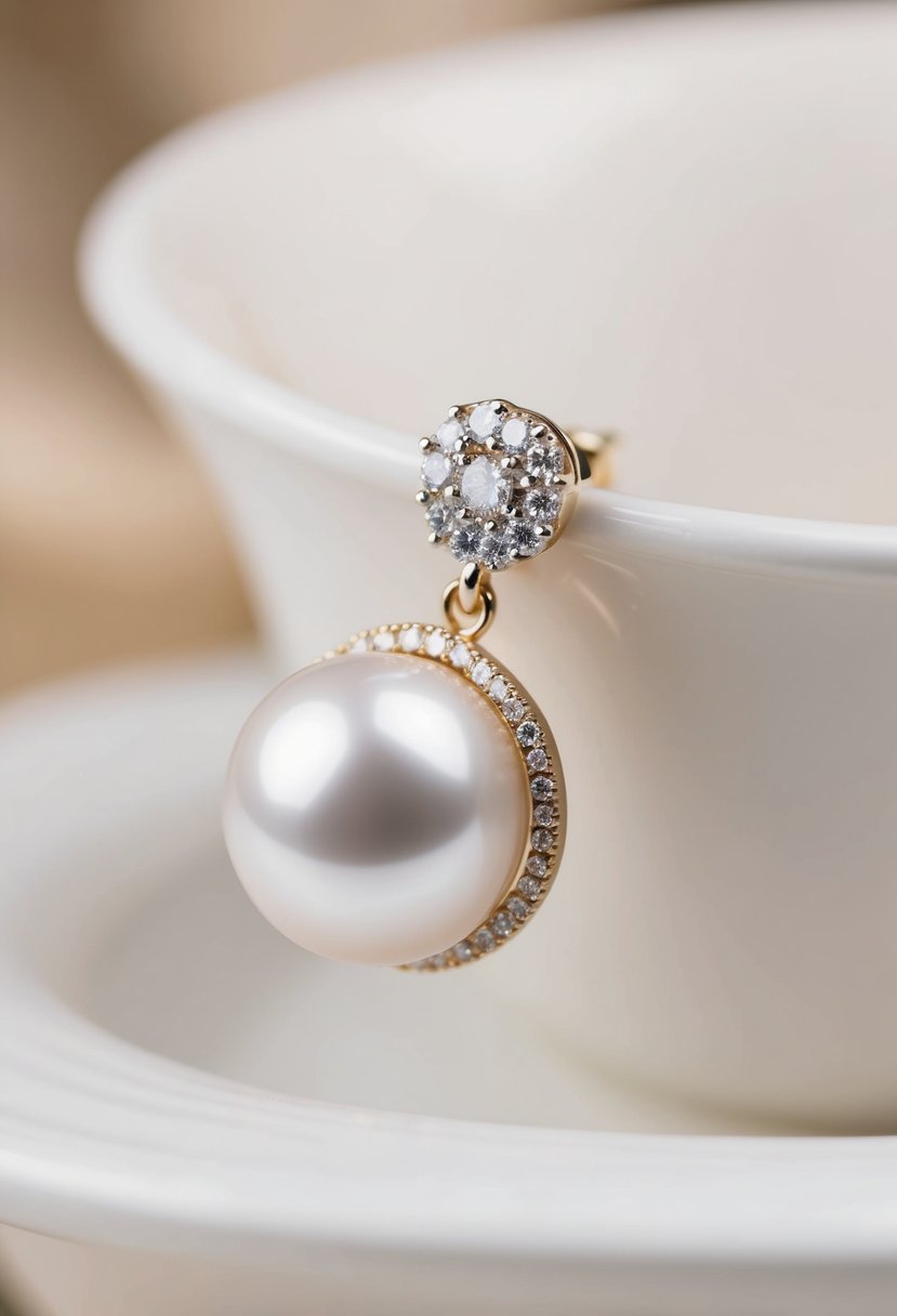 A close-up of a pearl earring with delicate pave diamonds, set against a soft, elegant background