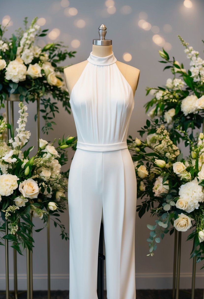 A mannequin wearing a high neck jumpsuit, surrounded by elegant wedding accessories and floral arrangements