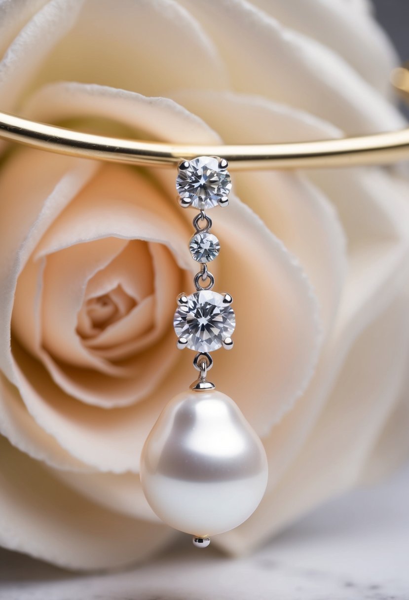 A pearl pendant earring dangles delicately, with a diamond stud above, set against a soft, romantic background