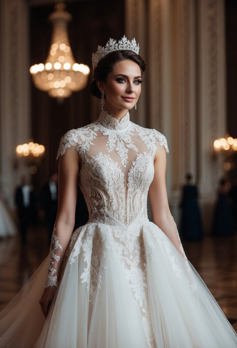 A regal high neck wedding dress adorned with intricate lace and flowing tulle, set against a grand ballroom backdrop