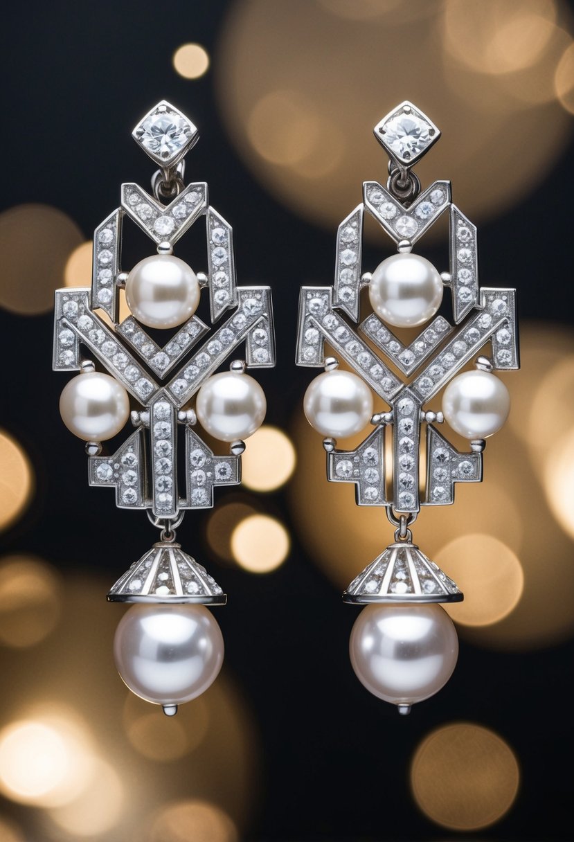 A pair of elegant Art Deco-inspired wedding earrings featuring lustrous pearls and sparkling diamonds set in intricate geometric patterns