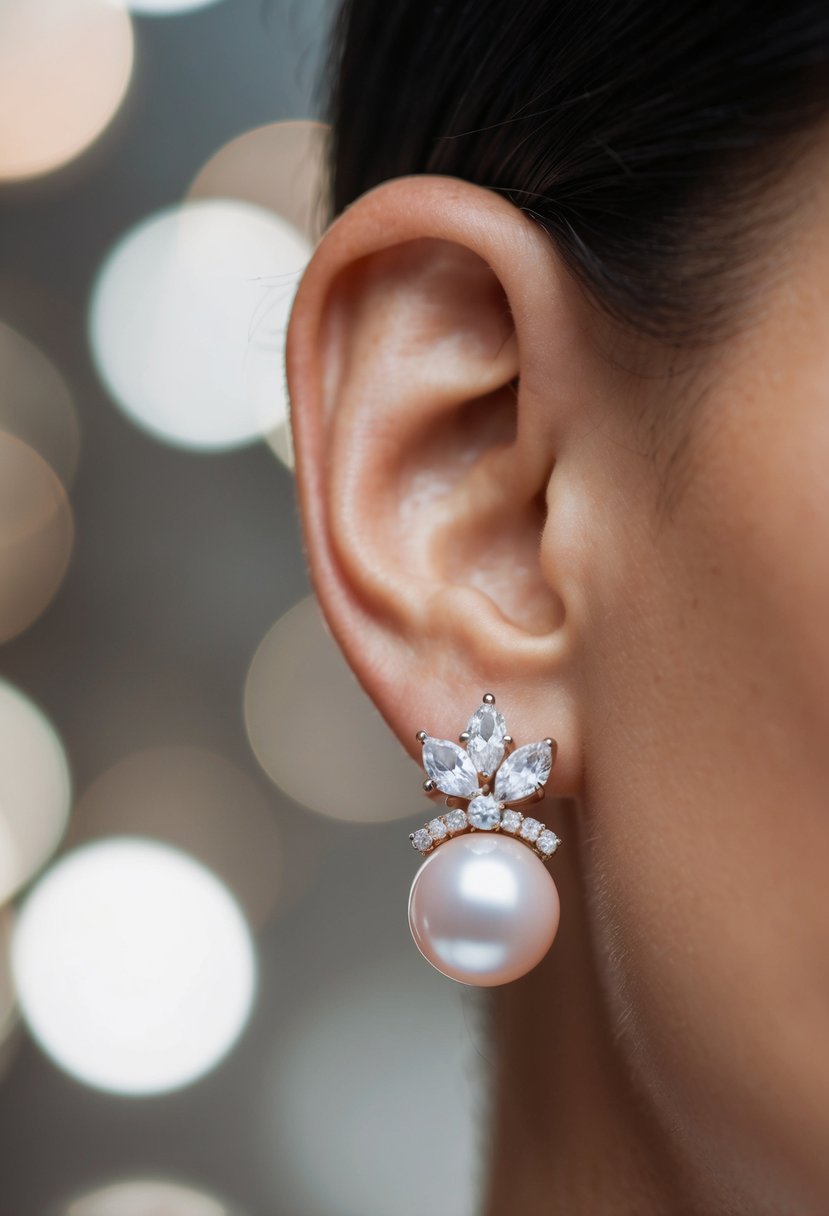 A close-up of a delicate pearl earring with diamond accents