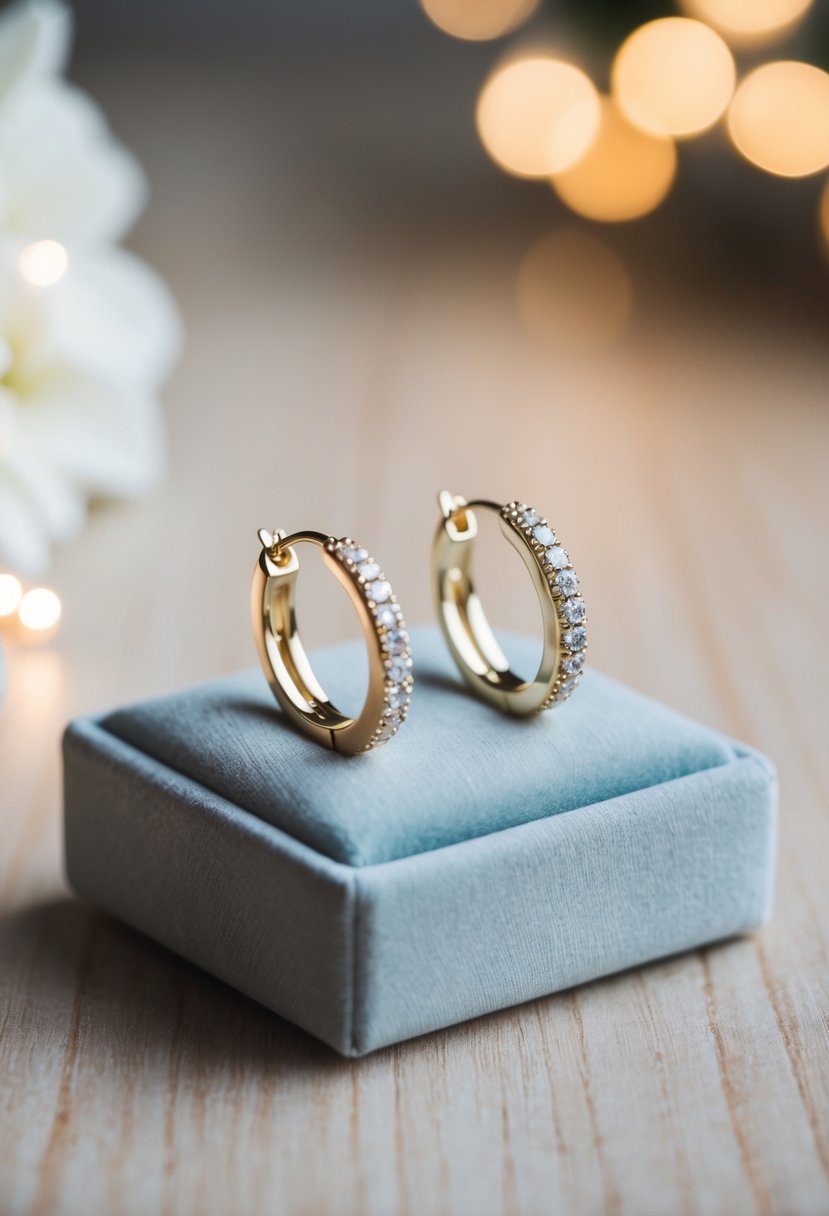 A pair of elegant white gold wedding earrings displayed on a velvet cushion with soft lighting accentuating their delicate design