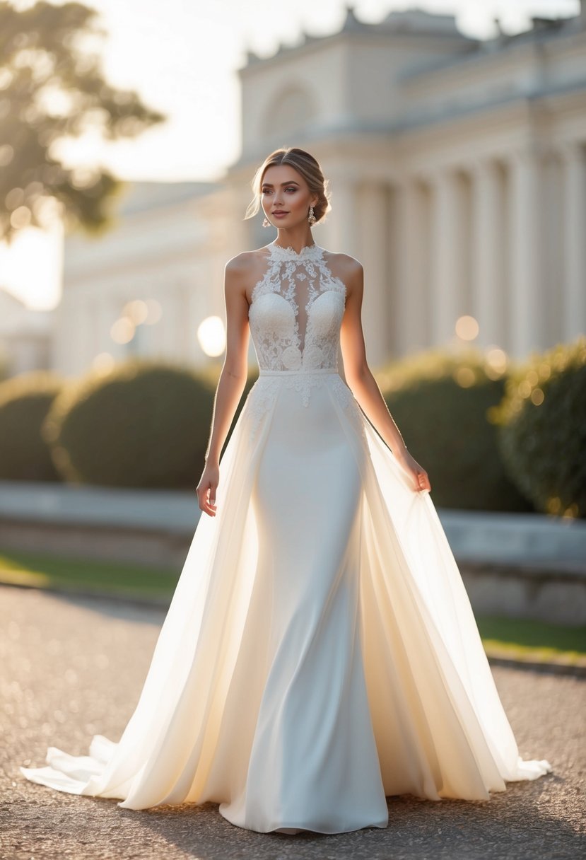 A flowing, elegant wedding dress with delicate lace details and a high neckline