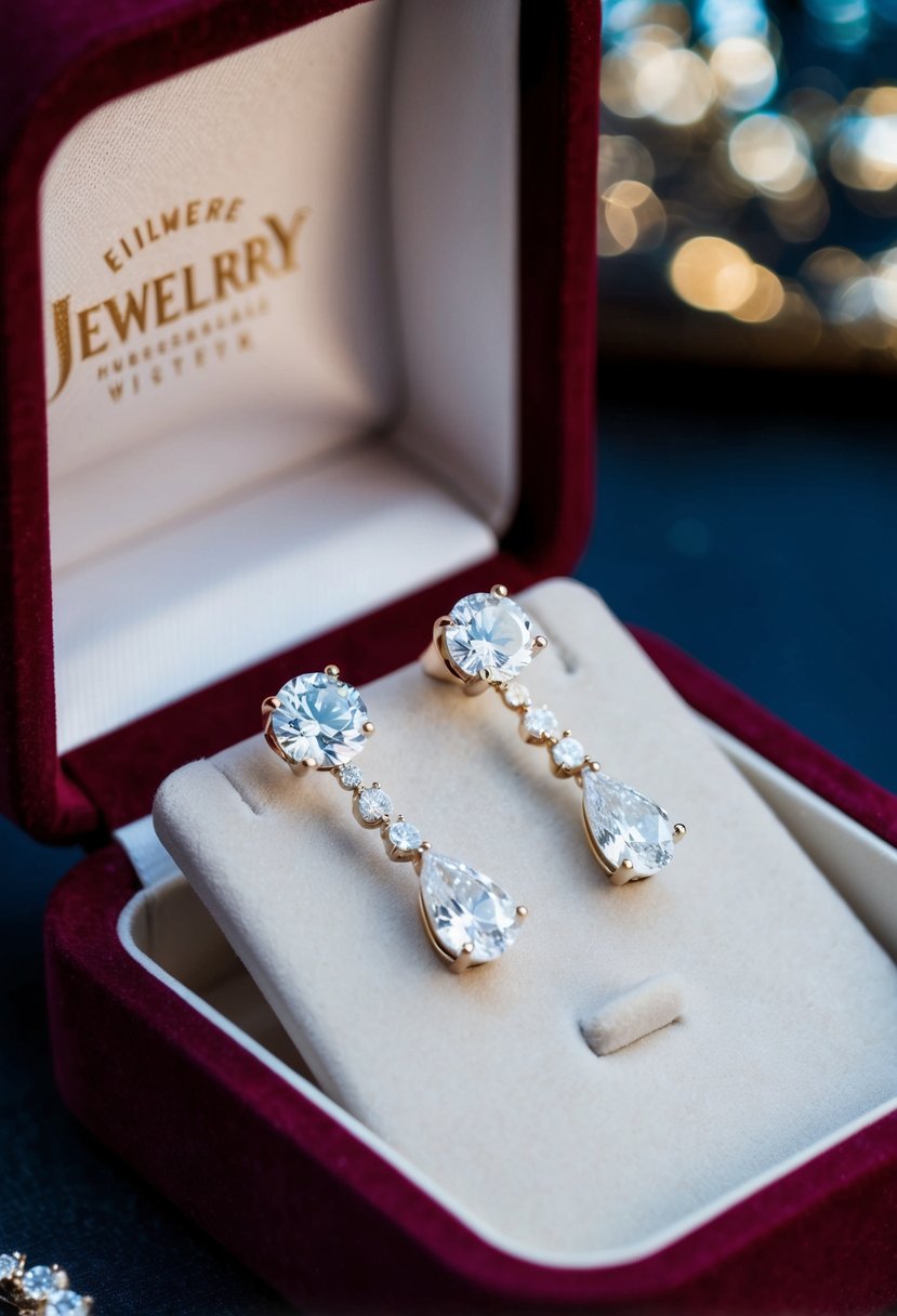 A pair of elegant diamond drop earrings on a velvet jewelry box