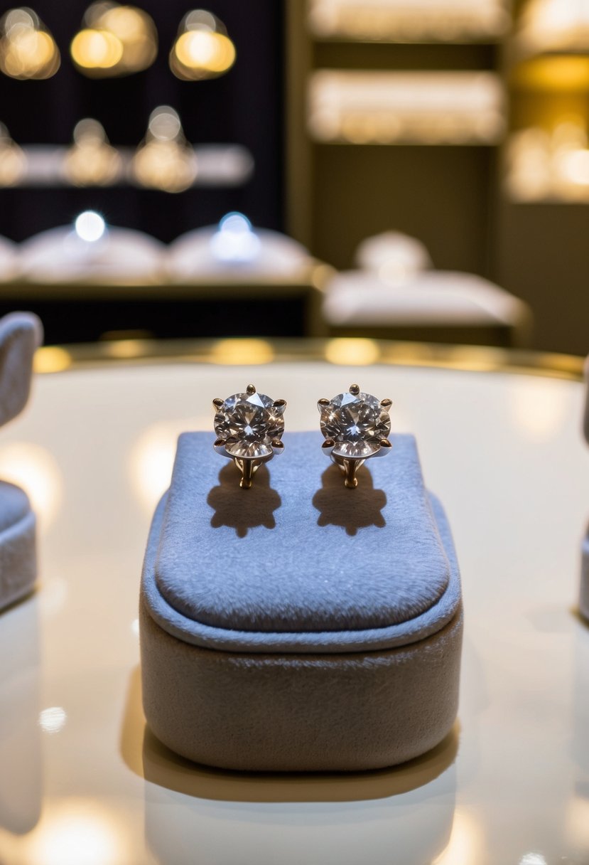 A pair of dazzling diamond stud earrings set in white gold, displayed on a velvet cushion in a luxurious jewelry store