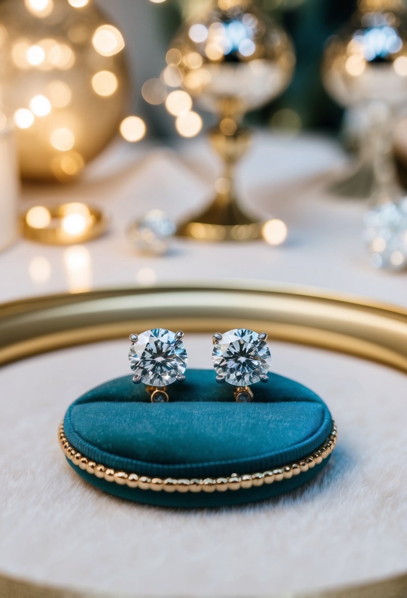 Two diamond stud earrings displayed on a velvet cushion, surrounded by soft lighting and elegant decor