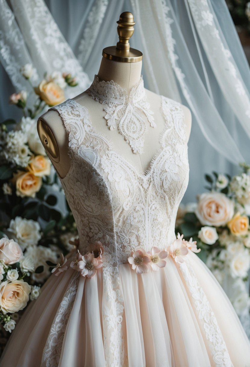 A lace high neck sleeveless gown draped on a mannequin, surrounded by delicate lace fabric and floral embellishments