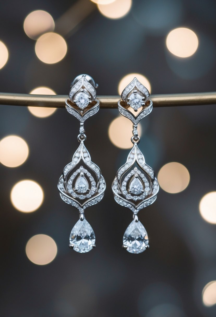 A pair of elegant 14k white gold earrings, featuring intricate designs and sparkling gemstones, perfect for a wedding