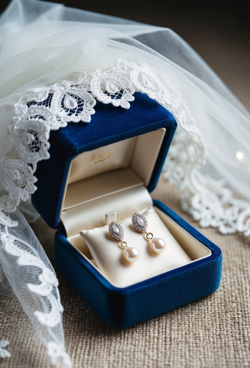 A white lace bridal veil drapes over a velvet jewelry box, revealing a pair of elegant pearl drop earrings nestled on a satin cushion