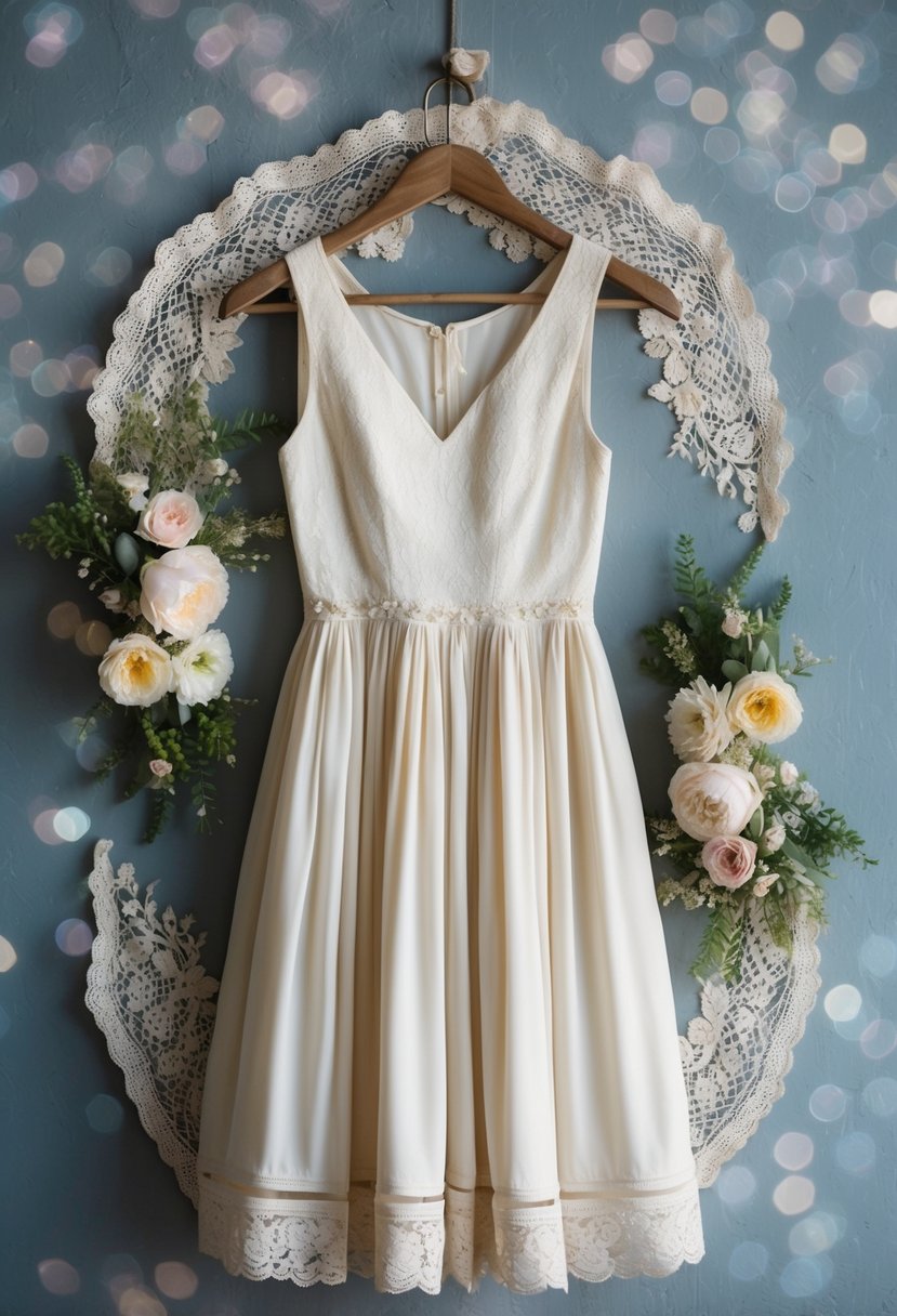 A vintage-inspired sleeveless dress hanging on a rustic wooden hanger, surrounded by delicate lace and floral accents