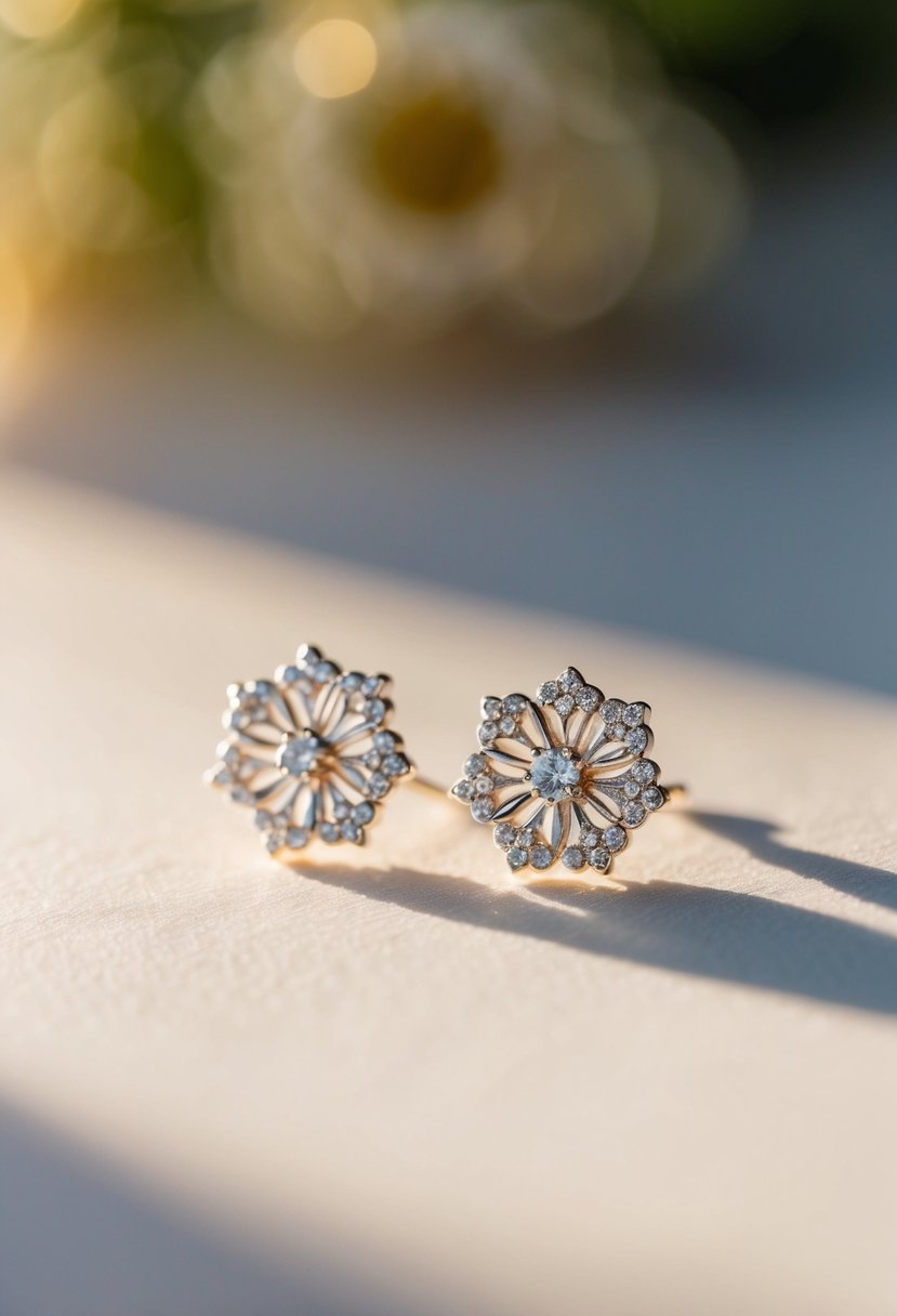 A pair of delicate white gold earrings adorned with intricate floral-inspired designs, casting a soft shimmer in the warm glow of a wedding setting