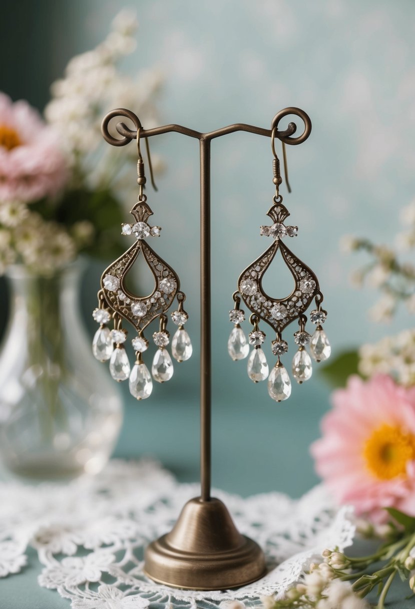 A pair of vintage chandelier earrings hanging from a jewelry stand, surrounded by delicate lace and floral accents