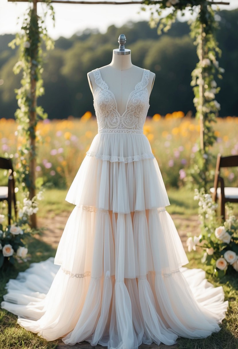 A flowing, tiered boho chic wedding dress with delicate lace details, set against a backdrop of wildflowers and a rustic outdoor ceremony setting