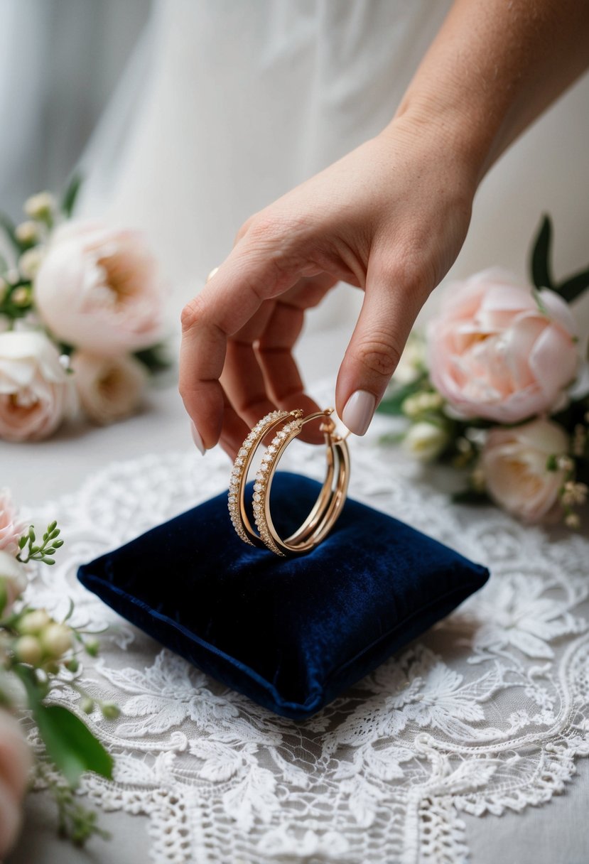 A bride's hand reaches for a pair of gleaming gold hoop earrings on a velvet cushion, surrounded by delicate lace and floral details