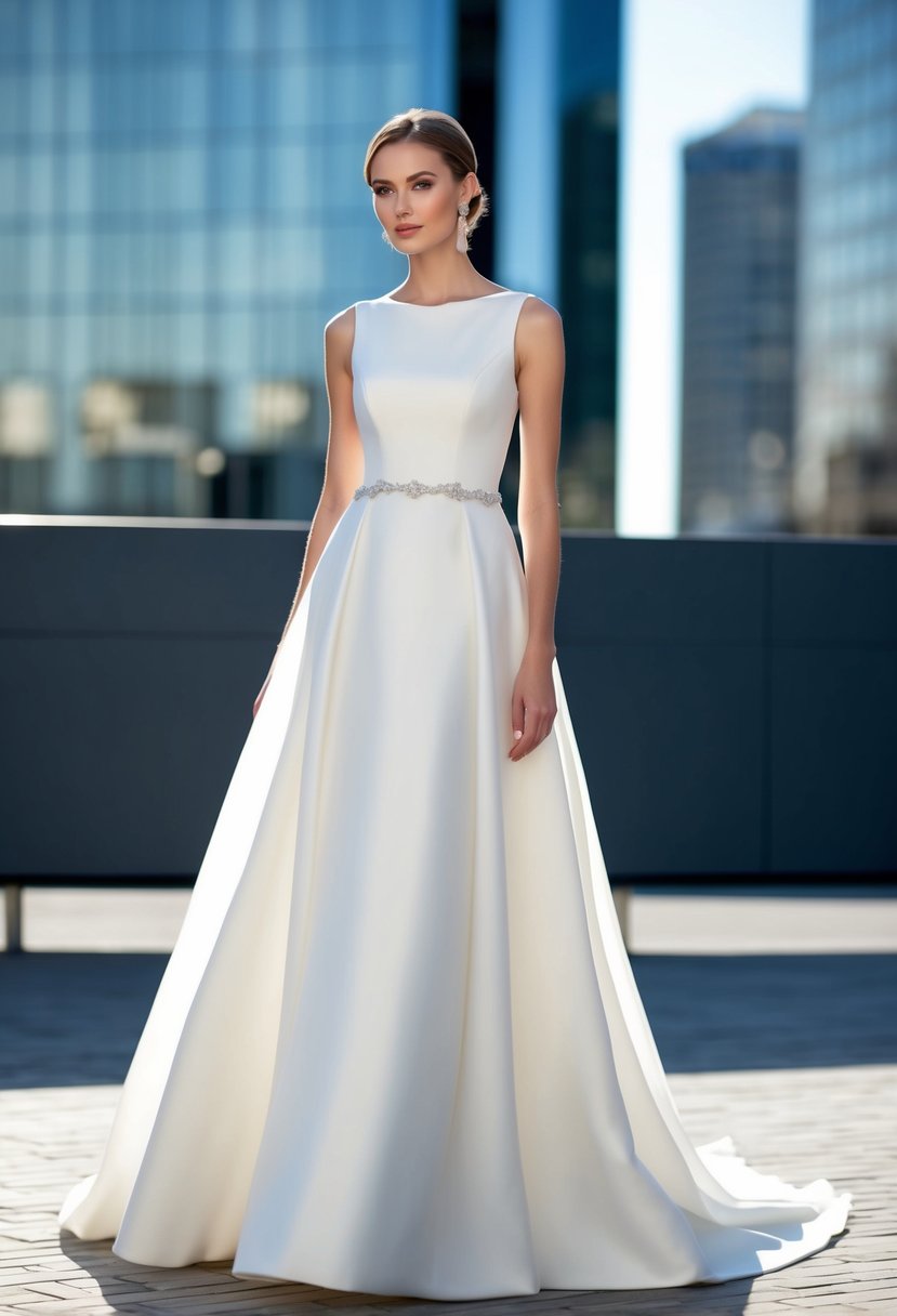 A simple, flowing A-line wedding gown with no sleeves, featuring clean lines and minimal embellishments, set against a modern backdrop