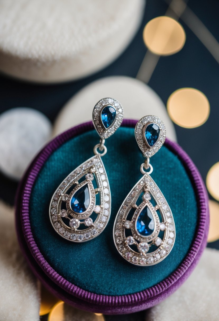 A pair of teardrop earrings with intricate detailing and shimmering gemstones, resting on a velvet cushion