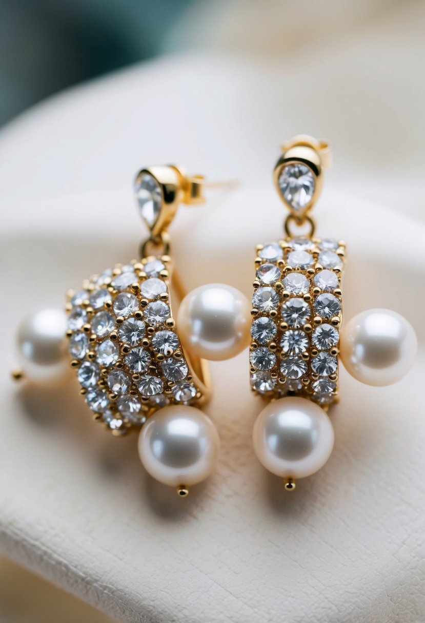 A pair of elegant white gold earrings adorned with shimmering pearls and sparkling crystals, perfect for a wedding